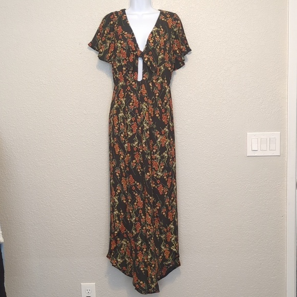 Chelsea & Violet Pants - Chelsea & Violet black multicolor floral flutter sleeve cut out maxi jumpsuit
